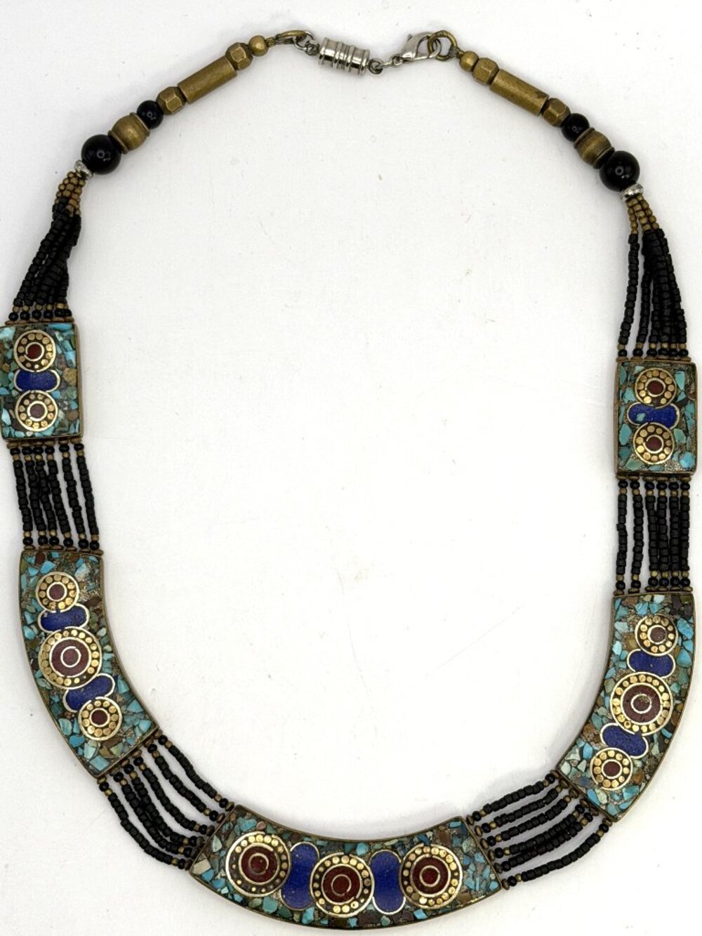 Vintage Nepal Tibetan Brass Stone Inlay Bib Necklace 6 Strand Boho 18”